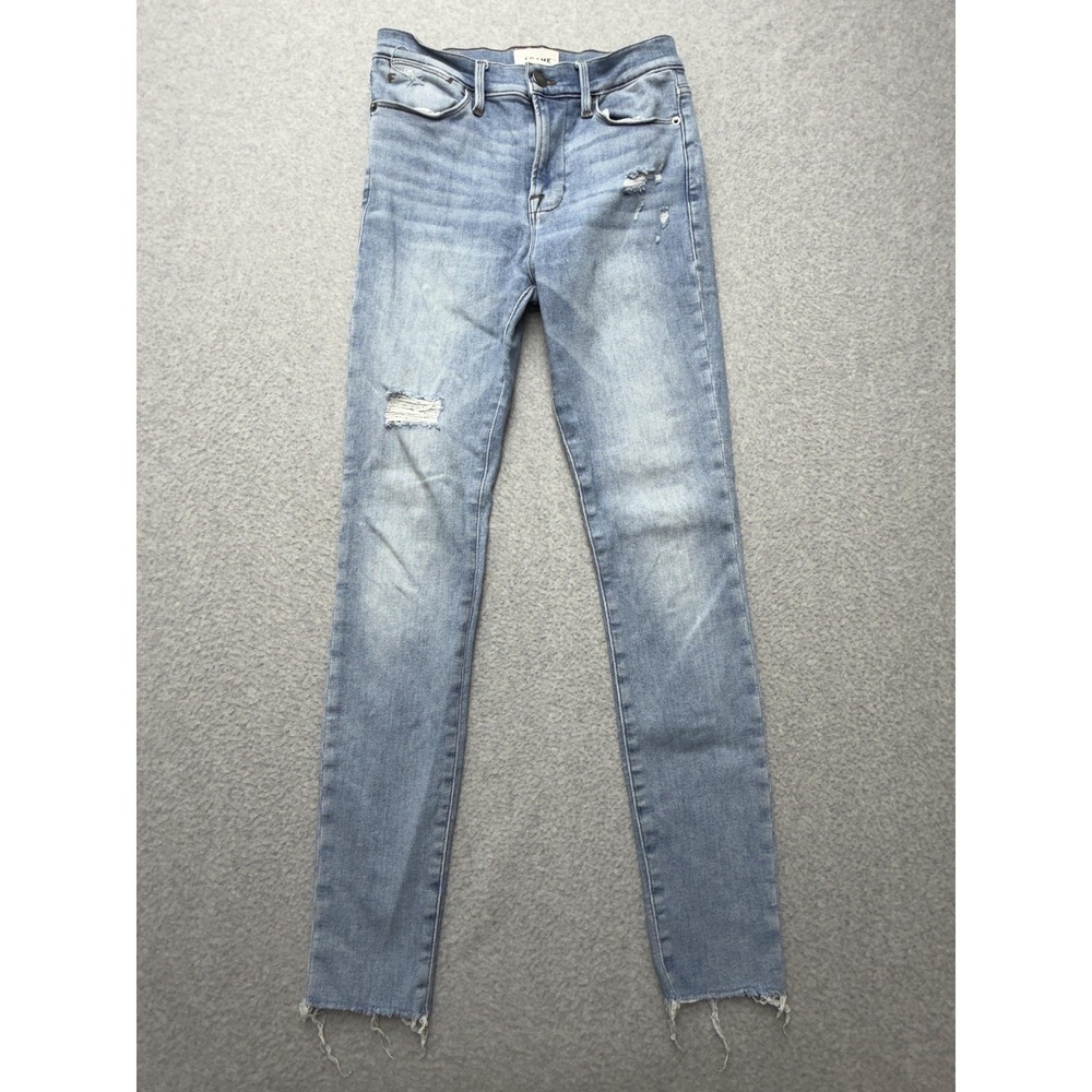 Frame Le High Skinny Jeans Womens 27 Blue High Rise Distressed Raw Hem Denim